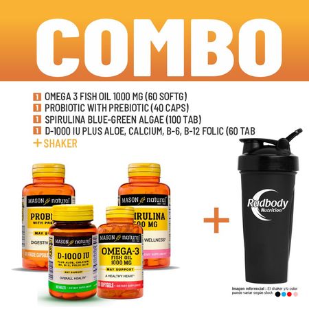Combo Vitaminas Mason - Omega3 Fish Oil 1000Mg+Probio Prebio +Spirulina+ D-1000 Iu,Calcio,B-6+Shaker