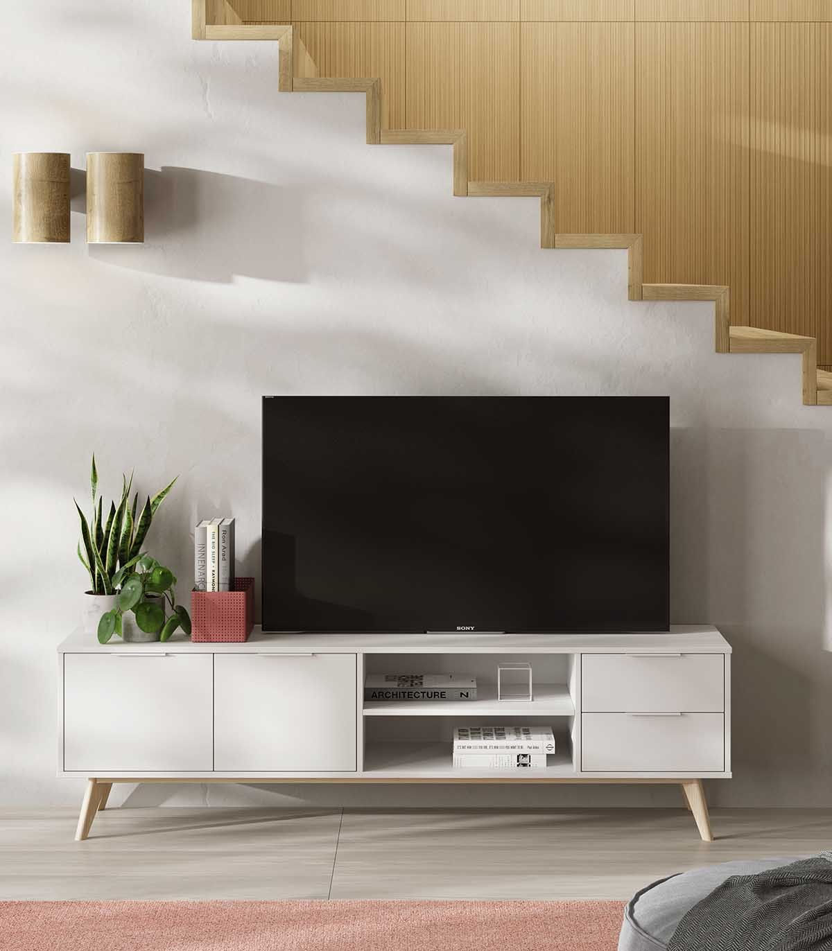 Mesa de TV clásica 2 puertas 2 cajones Holanda color Blanco TU MESITA