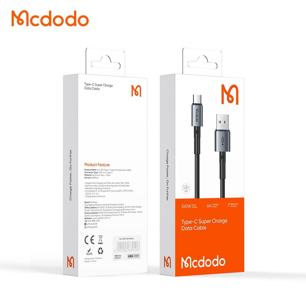 Cable Mcdodo Carga Rápida 100W Usb a Tipo C 1.8m