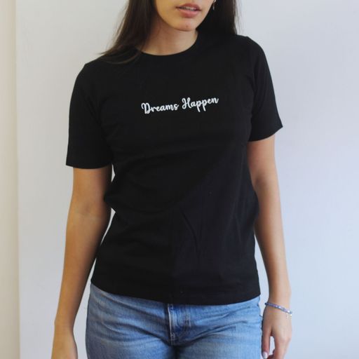 Camiseta básica mujer negro cuello redondo bordado