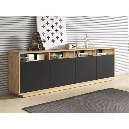 Aparador largo 4 puertas  Jacinto color Haya/Negro TU MESITA