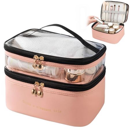 Bolsa Neceser Organizador de Maquillaje Cosméticos de Cuero PU Rosado 94V