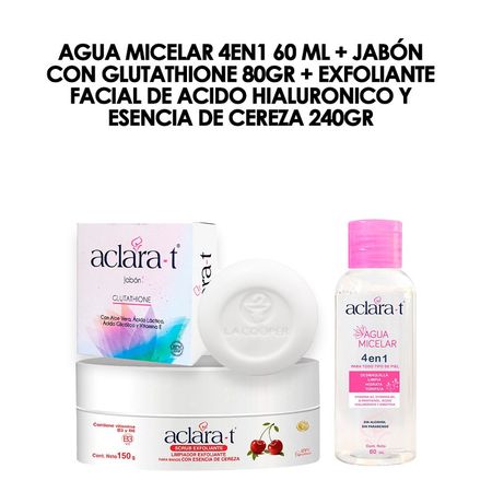 Agua Micelar 4EN1 60 ml + Jabón con Glutathione 80gr + Exfoliante Facial de Acido Hialuronico