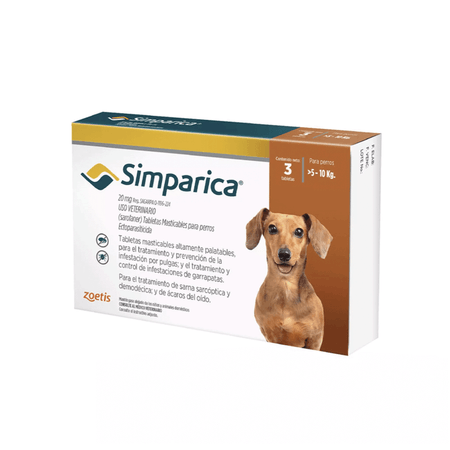 Antipulgas para Perro Simparica 20 MG X 3 Tabletas (5 A 10 Kg)