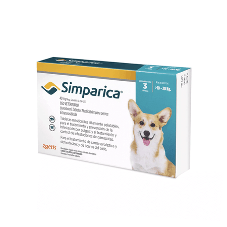 Antipulgas para Perro Simparica 40 MG X 3 Tabletas (10 A 20 Kg)