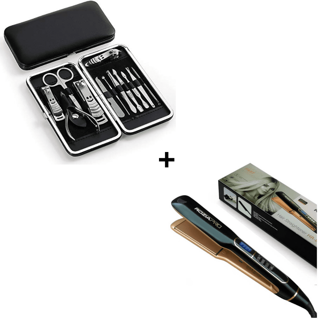 Combo Set de Manicure y Pedicure x 12 Piezas + Plancha Alisadora Rozia Pro HR 825