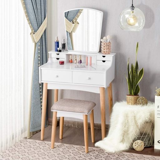 Mueble De Tocador + Espejo + Cómoda 4 Cajones Perla
