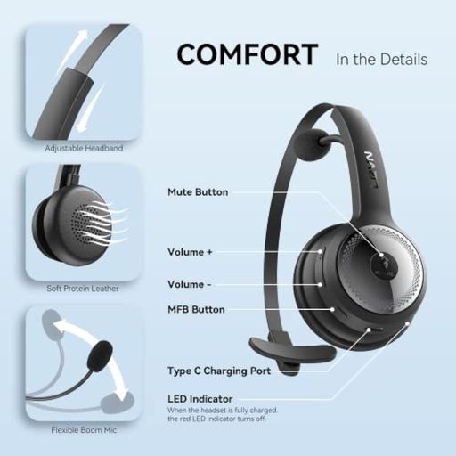  Auriculares Bluetooth con micrófono, auriculares inalámbricos  con cancelación de ruido AI, auriculares V5.0 en la oreja con dongle USB y  botón de silencio manos libres 26 horas para : Electrónica