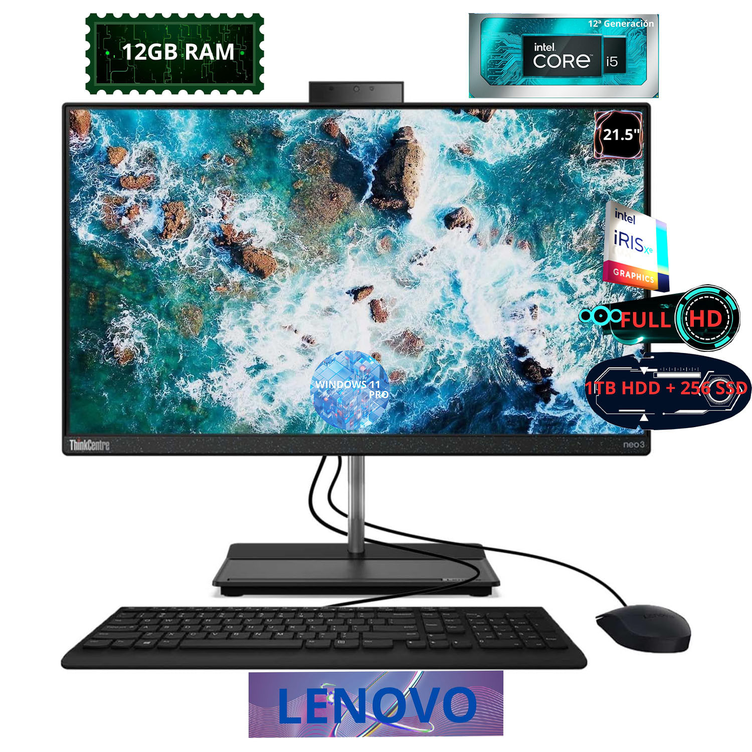 All In One Lenovo ThinkCentre Neo 30A 22 GEN 3 21.5? Fhd Intel Core i5-1240P 8GB 1TB HDD+256GB SSD