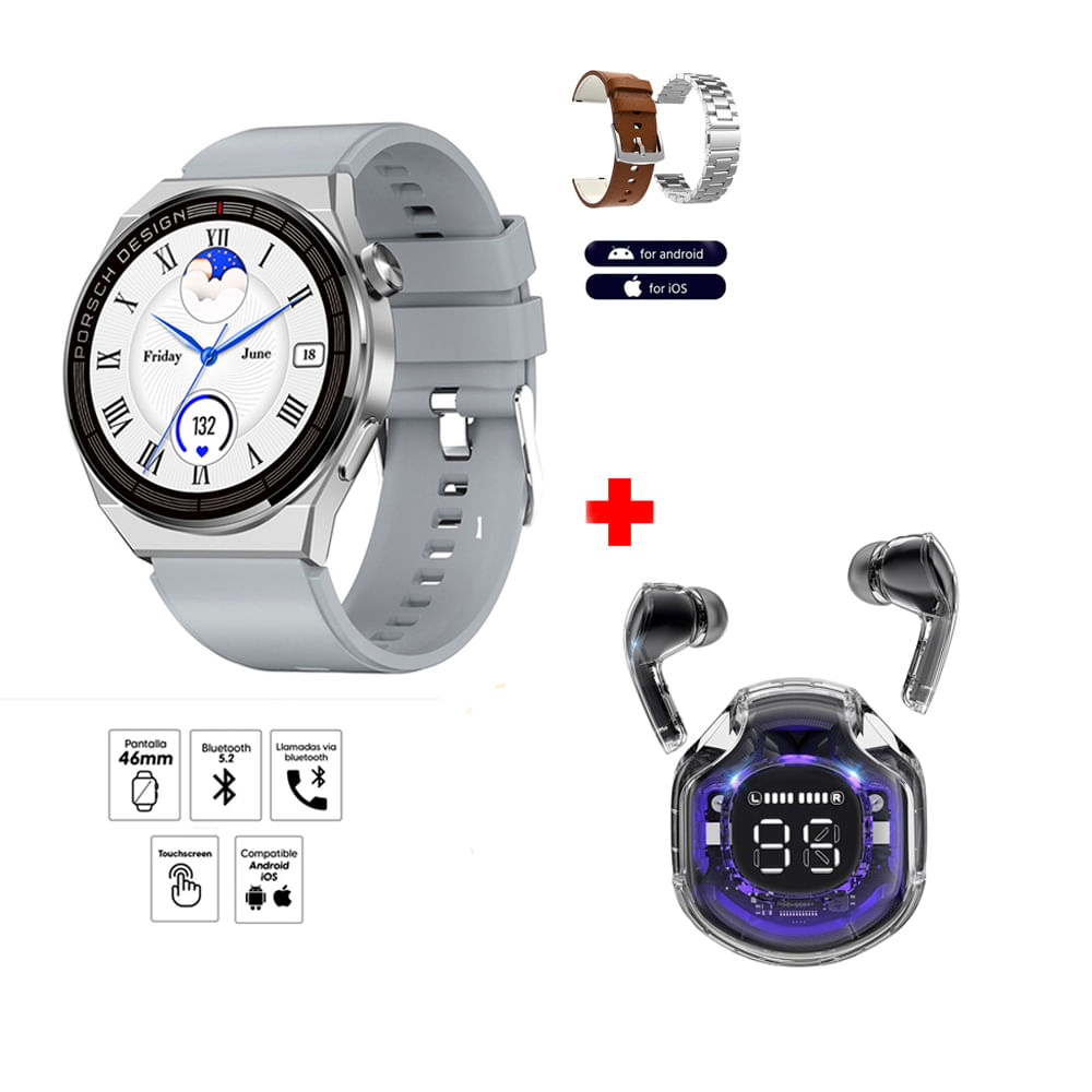 Pack Smartwatch GT3 Max Silver + Audífonos Crystal Air39 Black