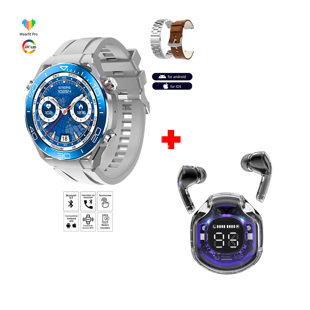 Pack Smartwatch HW5 Ultimate Silver + Audífonos Crystal Air39 Black