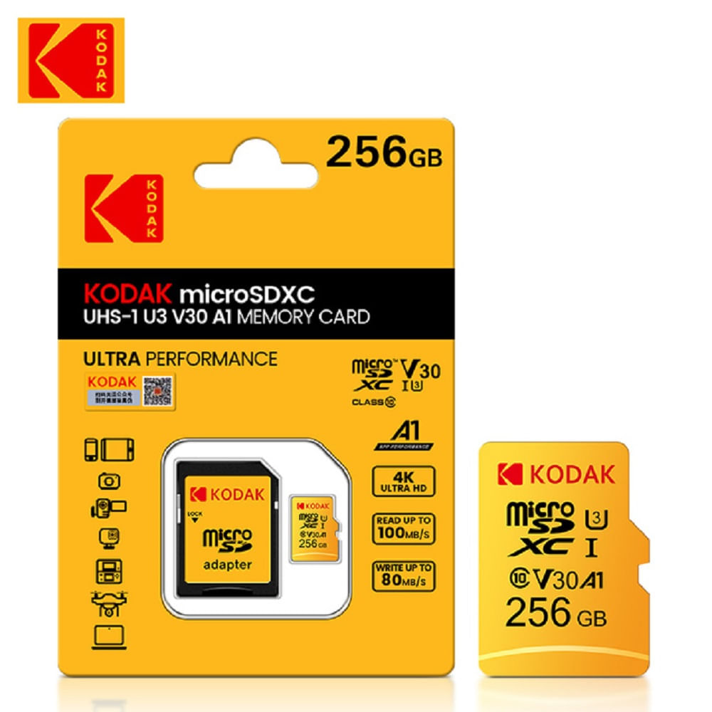 Memoria Micro Kodak 256 Gb U3 Clase 10 Alta Velocidad Drones/Cámaras