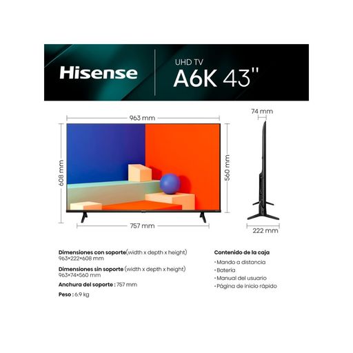 Televisor Smart TV Hisense 43A6K 4K UHD 43'' 4K UHD DLED VIDAA 6 F negro