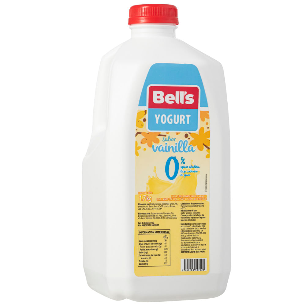 Yogurt Bebible BELL'S 0% Grasa Sabor a Vainilla Galonera 1.7Kg