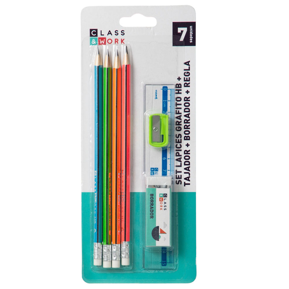 Set Lápices CLASS & WORK + Tajador + Borrador + Regla Blíster 7un