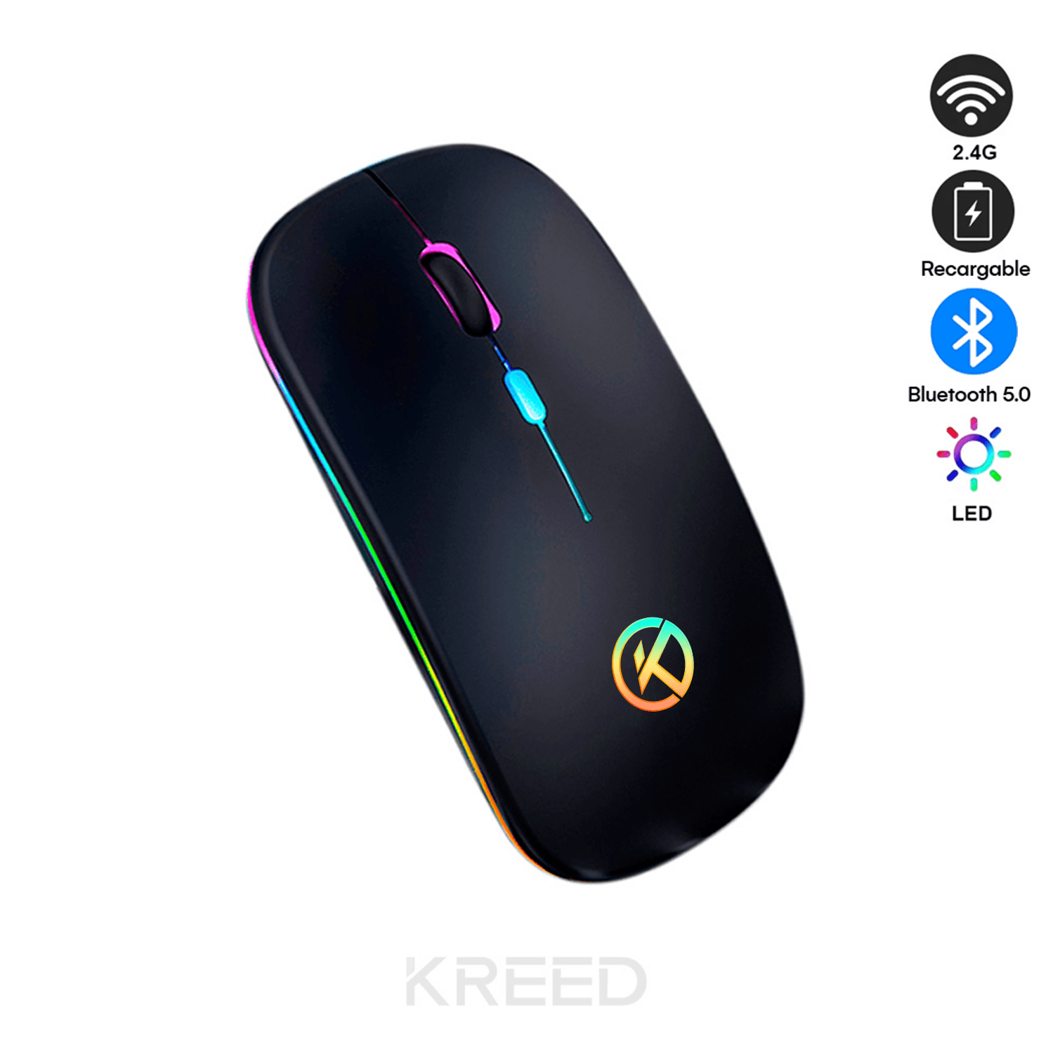 Mouse Inalámbrico RGB Recargable Bluetooth y 2.4G - Negro K302