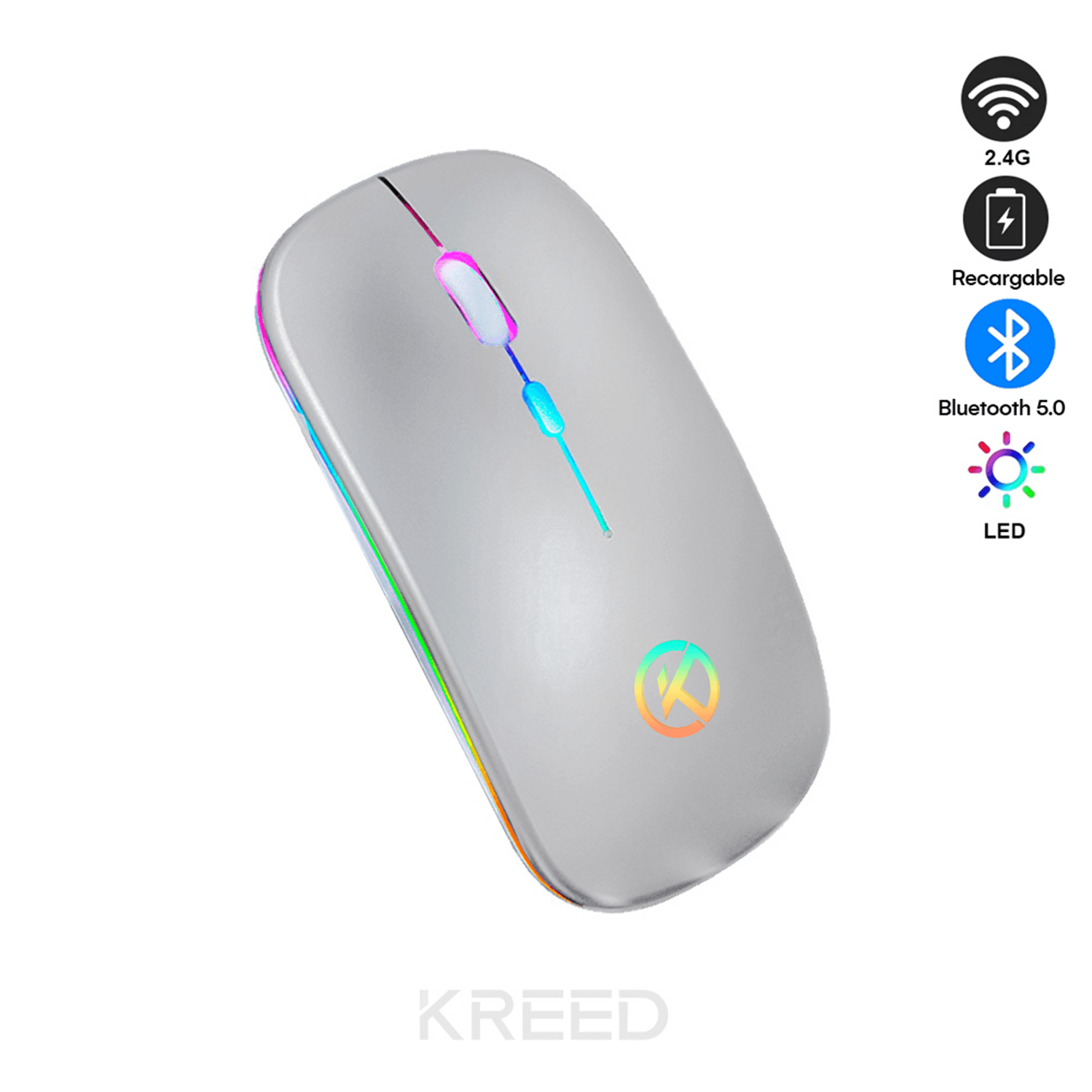 Mouse Inalámbrico RGB Recargable Bluetooth y 2.4G - Plata K302