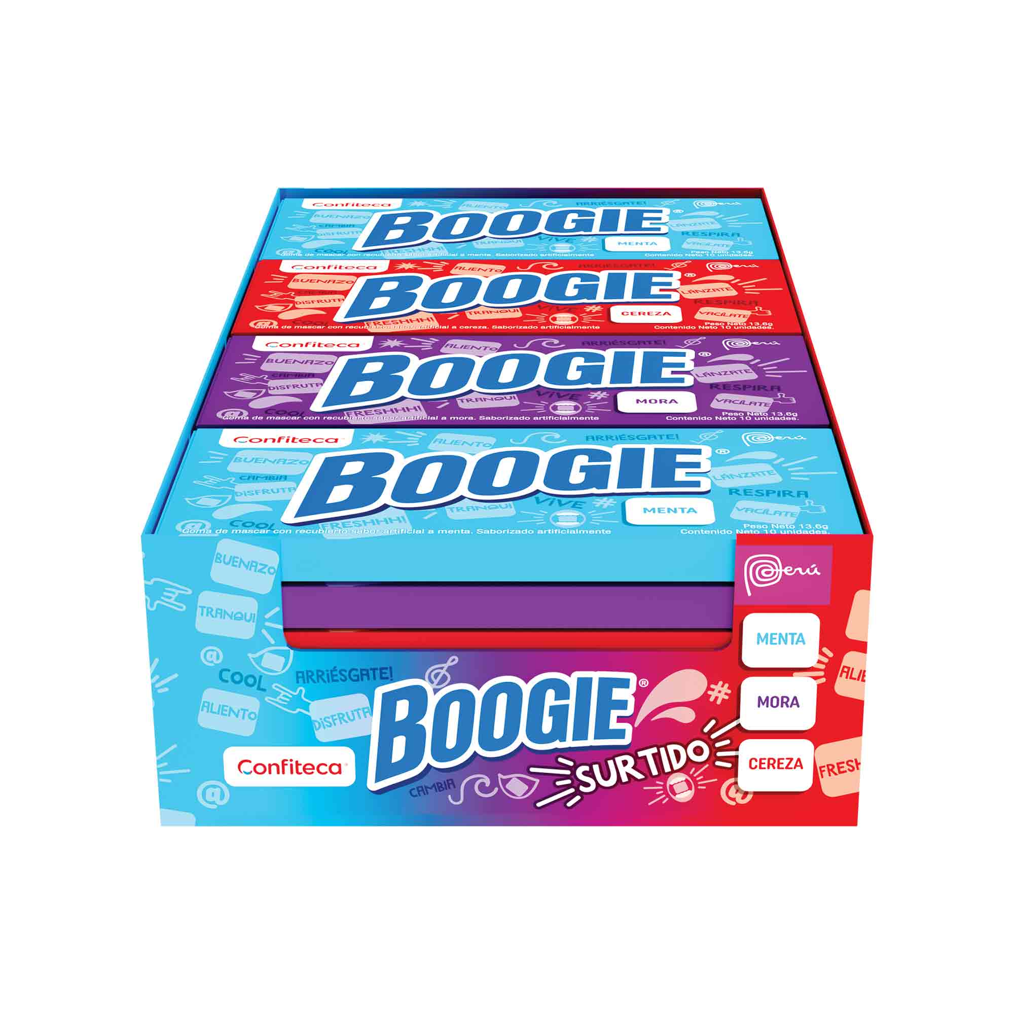 Goma de Mascar BOOGIE Menta, Mora y Cereza Display 272g