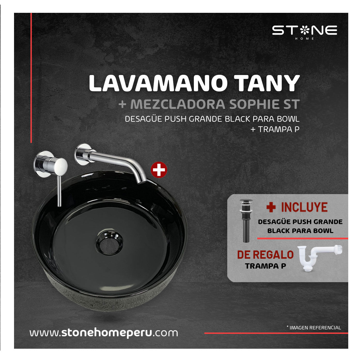 Bowl Tany Negro Stone + Sophie ST + Desagüe + Trampa P Stone