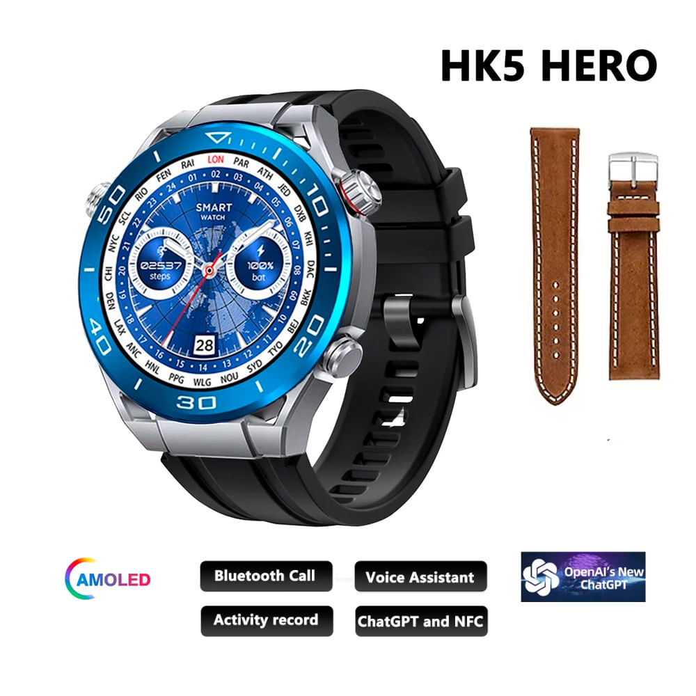 Smartwatch HK5 Hero GPS Chat GPT con doble correa Silver