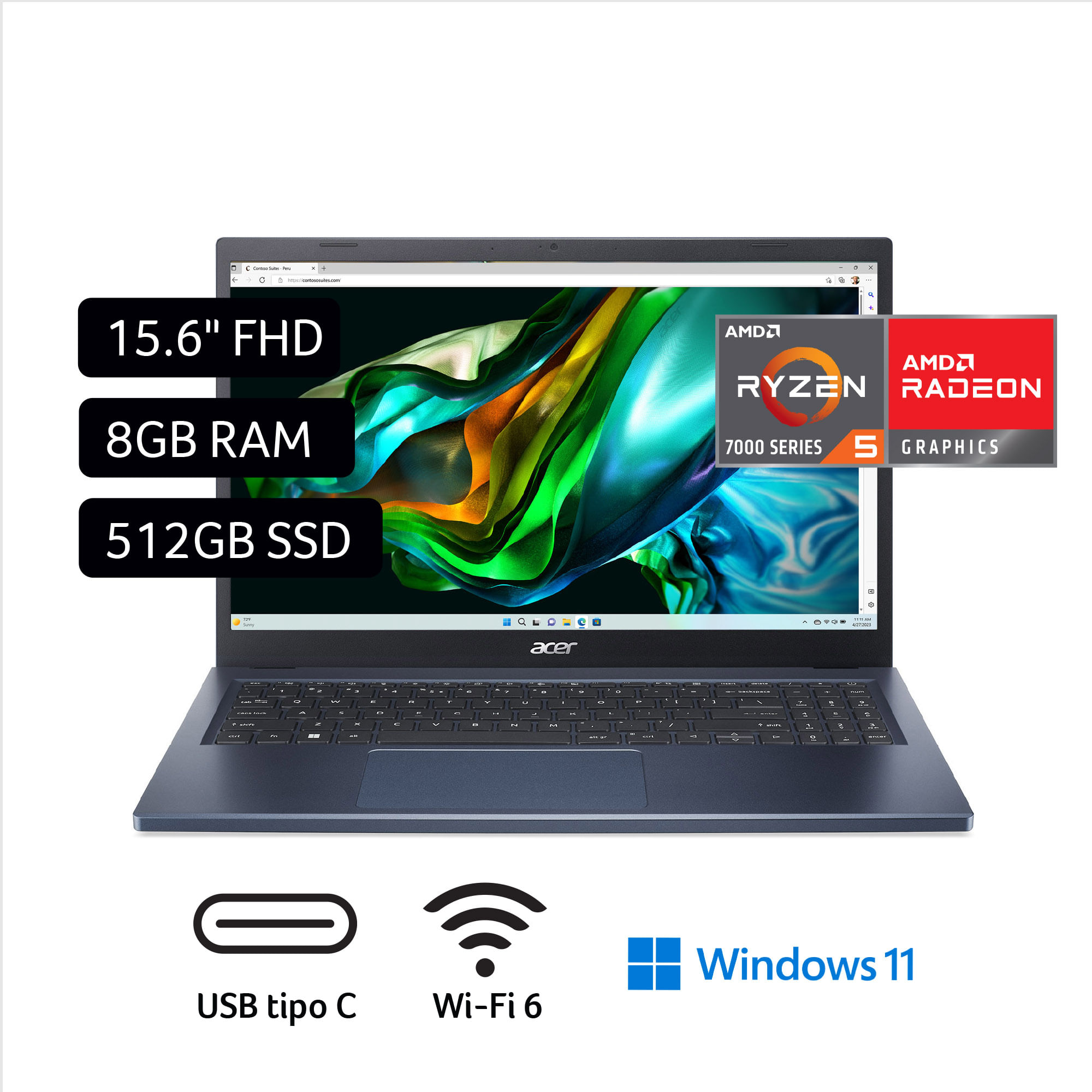 Laptop ACER Aspire 3 A315-24P-R859 15.6"" AMD Ryzen 5 (7000 series) 8GB 512GB SSD