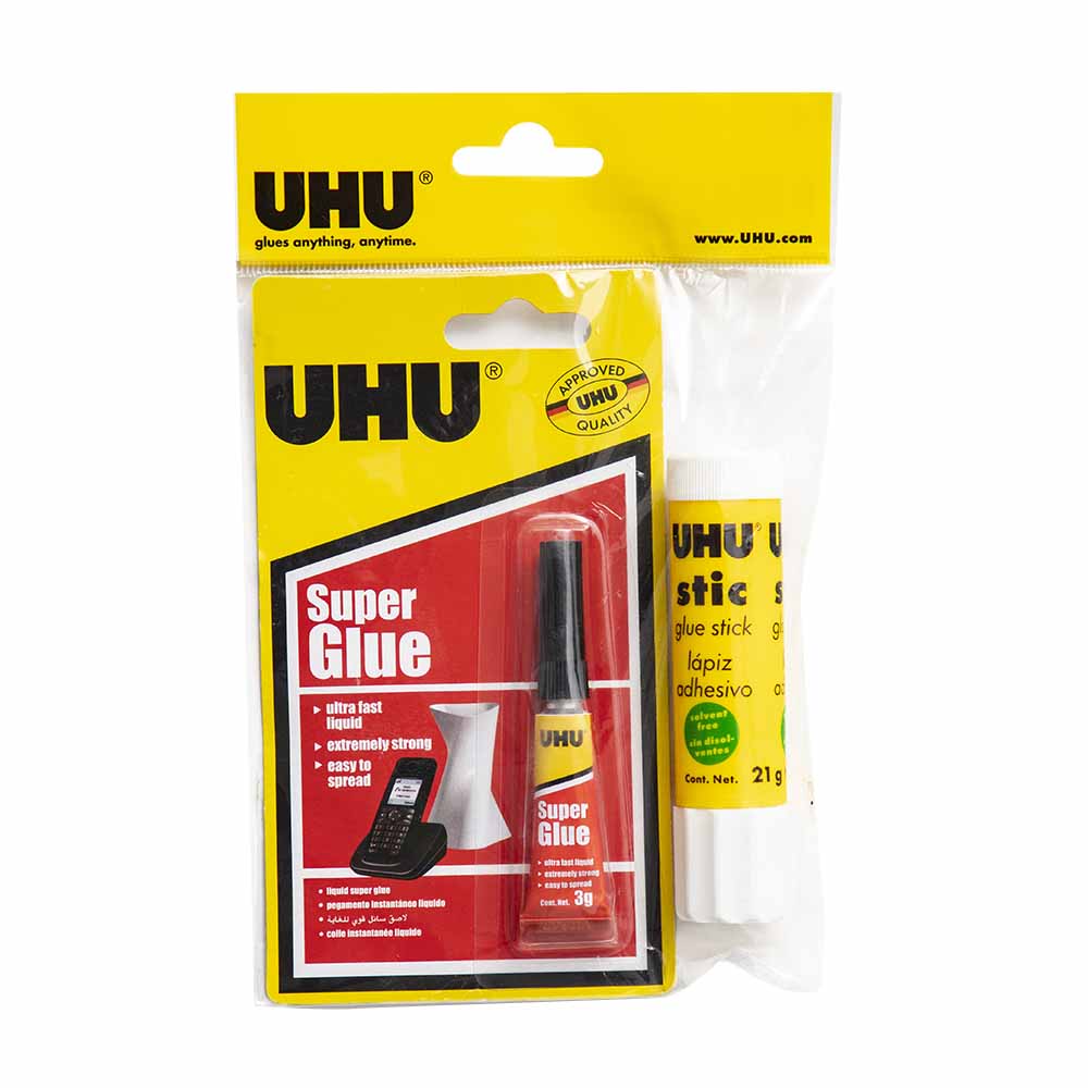 Pack UHU Super Glue Blister 3g + Goma en Barra UHU 21g plazaVea
