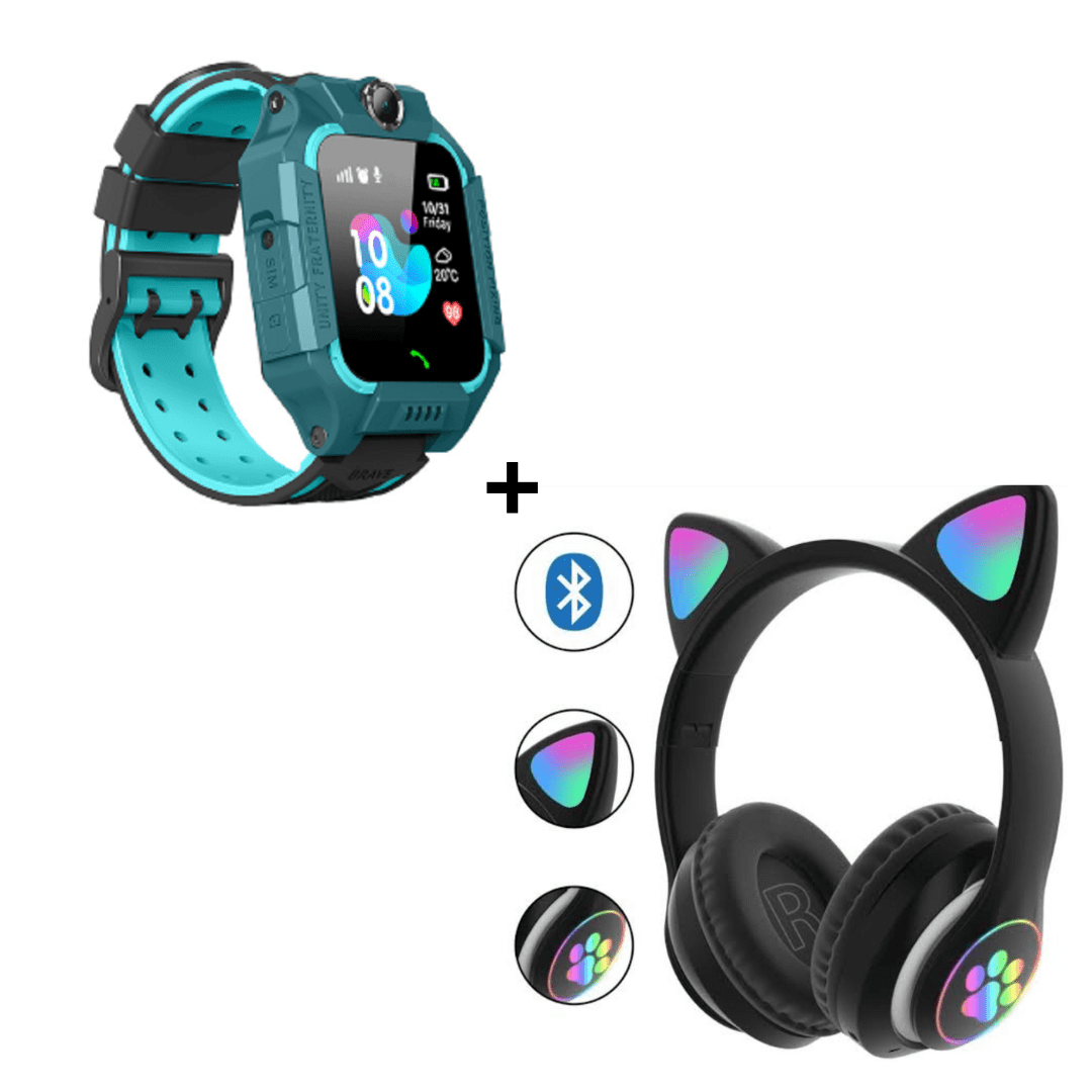 Combo Smartwatch Gps para Niños Verde + Audífonos Bluetooth Oreja de Gato con Luz Led Color Negro