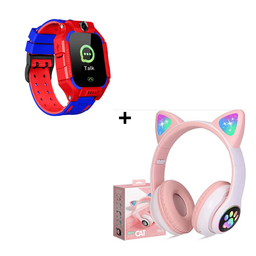 Combo Smartwatch Gps para Niños Rojo + Audífonos Bluetooth Oreja de Gato con Luz Led