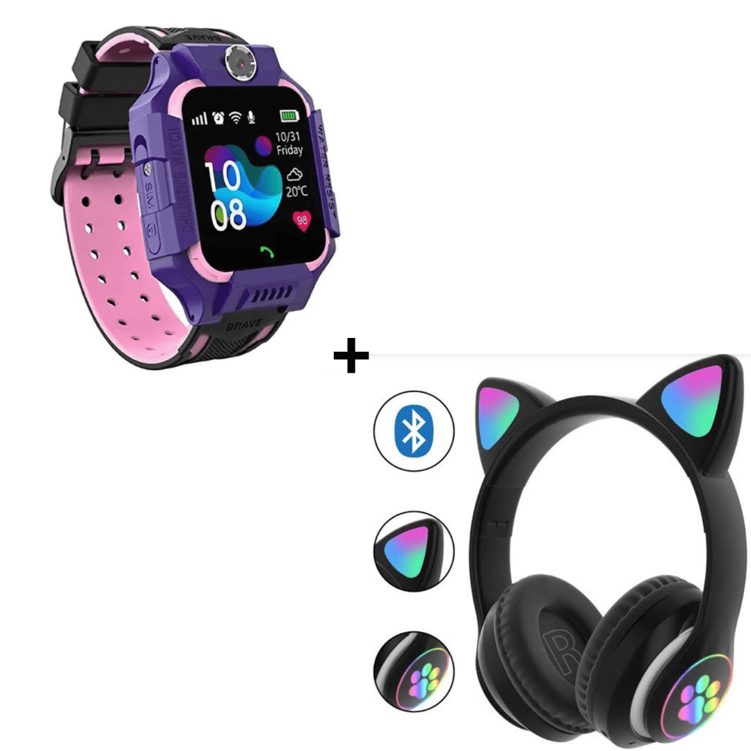 Combo Smartwatch Gps para Niños Morado + Audífonos Bluetooth Oreja de Gato con Luz Led Color Negro