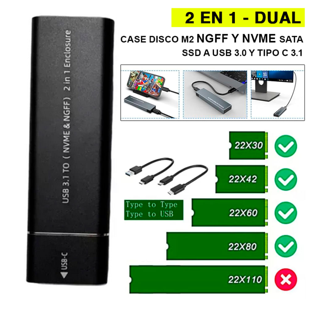 Case Disco M2 Ngff Nvme Sata Ssd DUAL A Usb 3.0 Y Tipo C 3.1