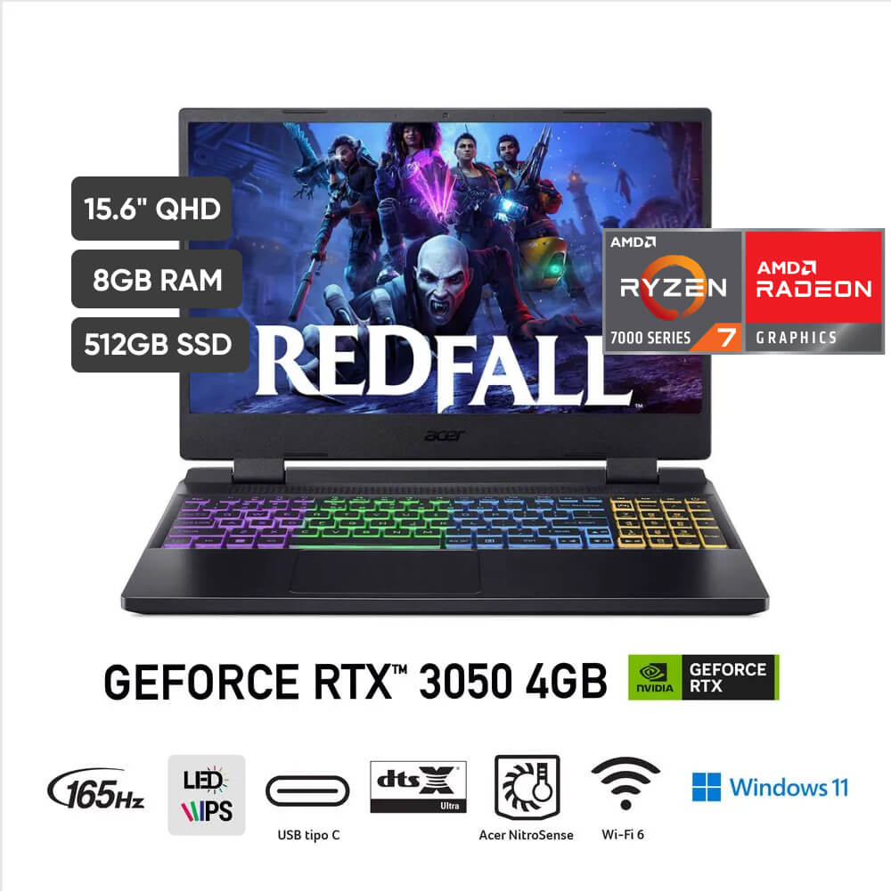 Laptop Gamer ACER Nitro 5 AN515-47-R76C 15.6"" AMD Ryzen 7 (7000 series) 8GB 512GB SSD RTX3050