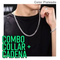 Collar y Pulsera para Hombre Combo Cadena Acero Inoxidable Plateado
