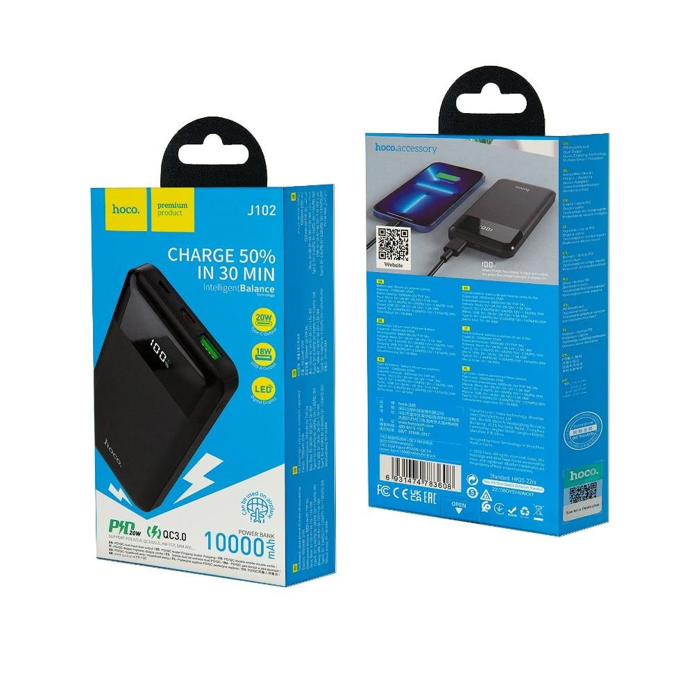 Power Bank 10000mAh Hoco J102 con Indicador LED Negro y Durabilidad