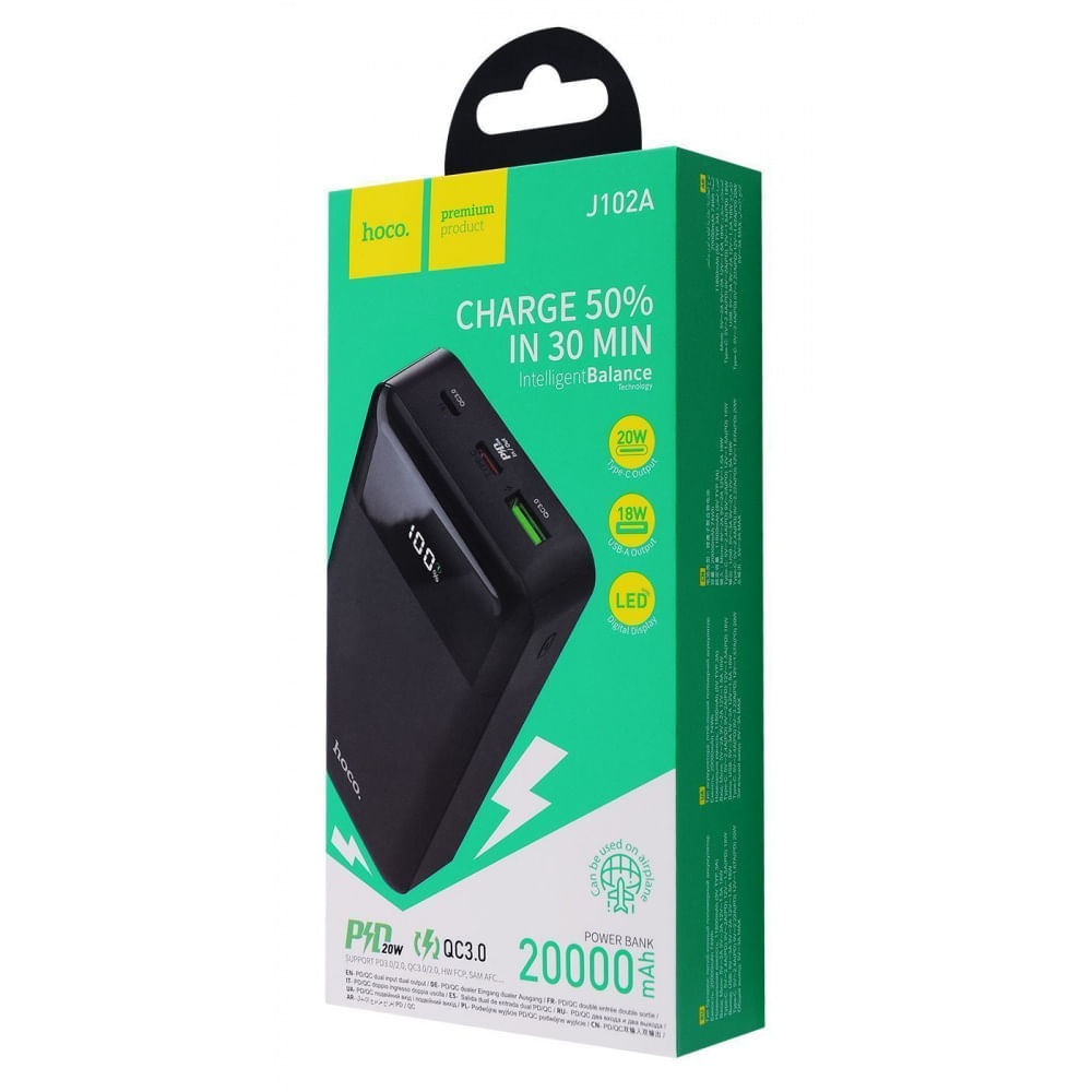 Power Bank 20000mAh Hoco J102A con Indicador LED Negro y Durabilidad