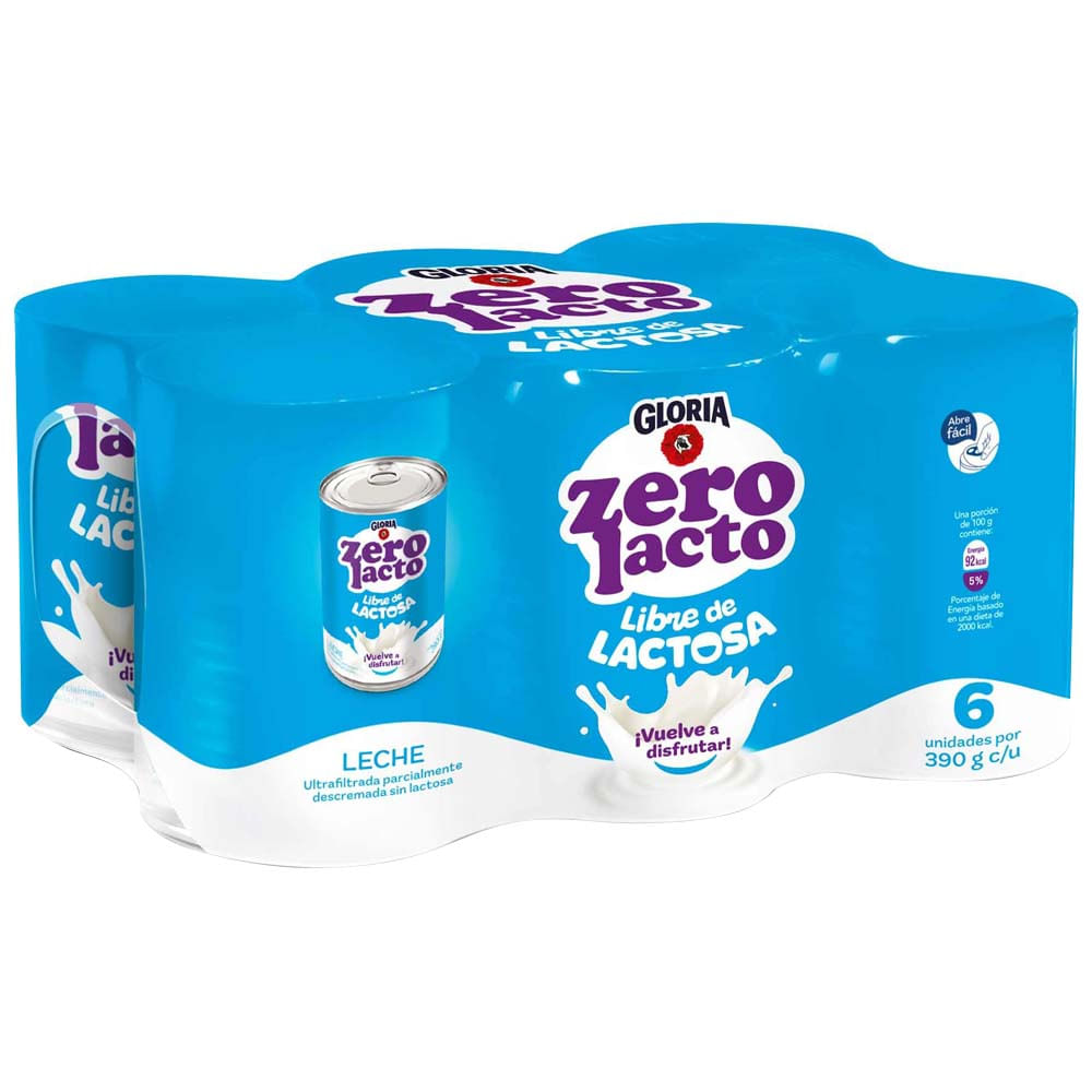 Leche GLORIA Zero Lacto Lata 390g Paquete 6un