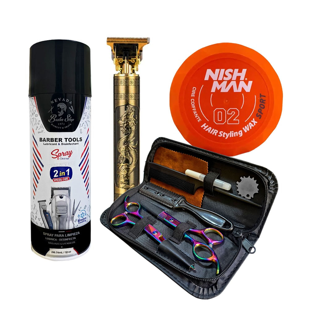 Kit de Tijeras + Afeitadora Clipper + Spray Lubricante + Cera Nishman