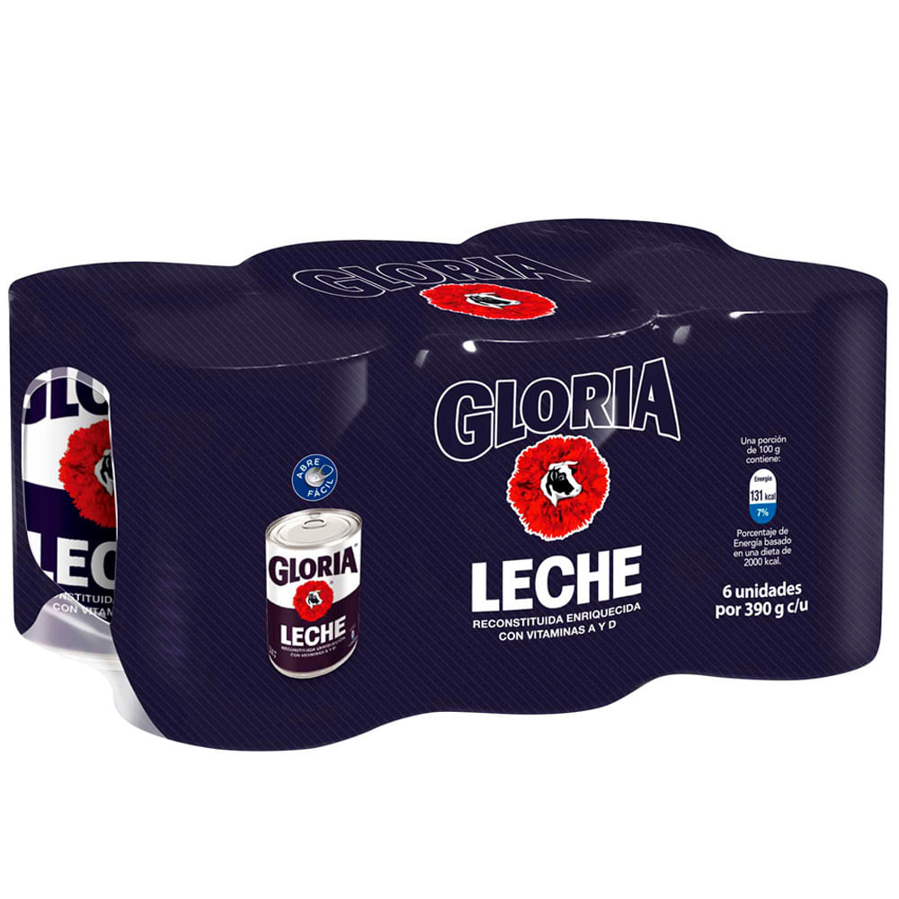 Leche Reconstituida Entera GLORIA Lata 390g Paquete 6un
