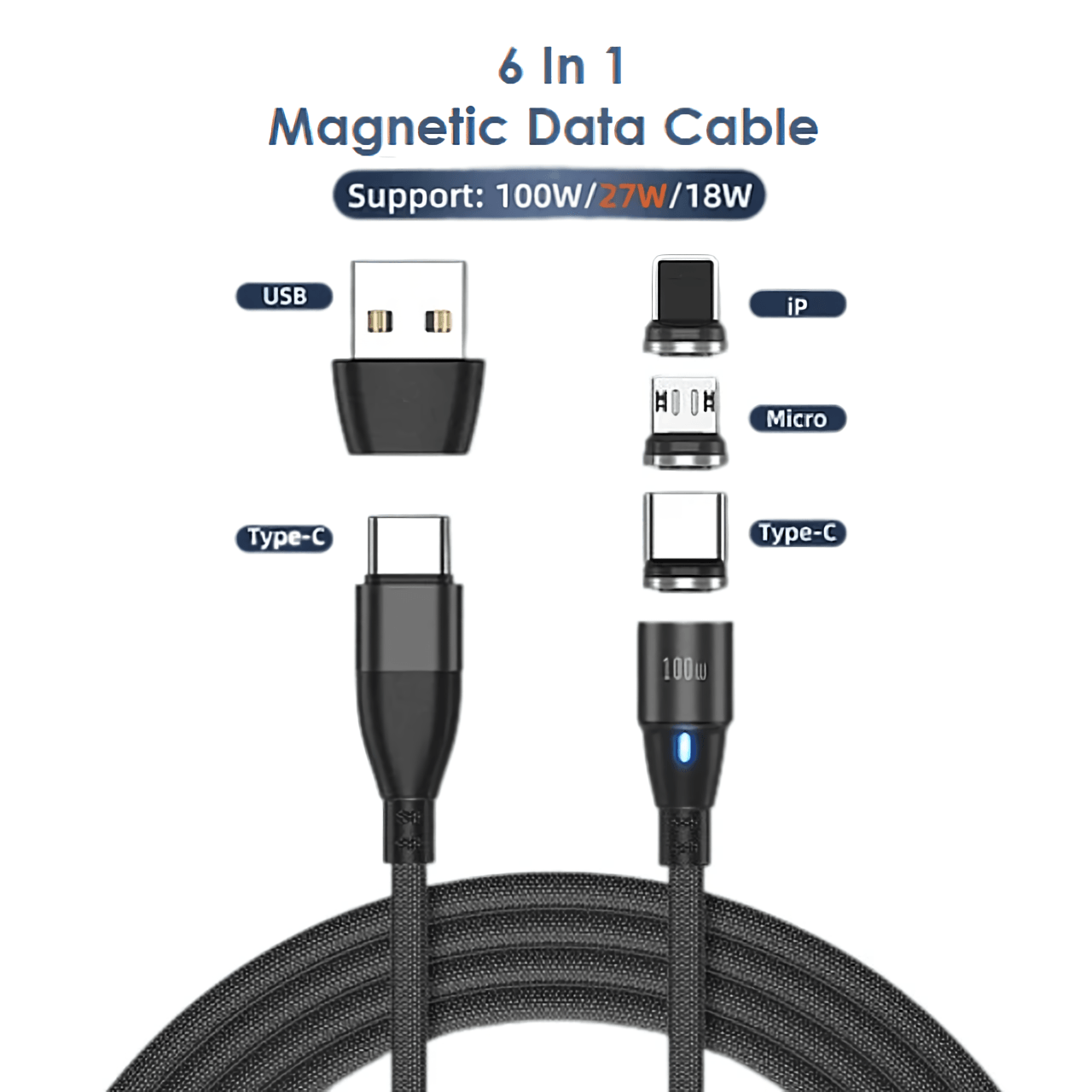 Cable Magnético 100w Greenport 6 En 1 / 360° - 1 Metro / Negro