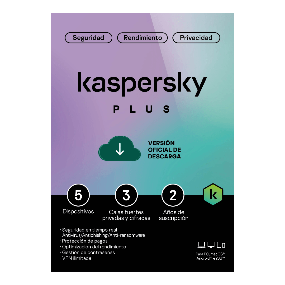 Antivirus Kaspersky Plus 5 dispositivos 2 años