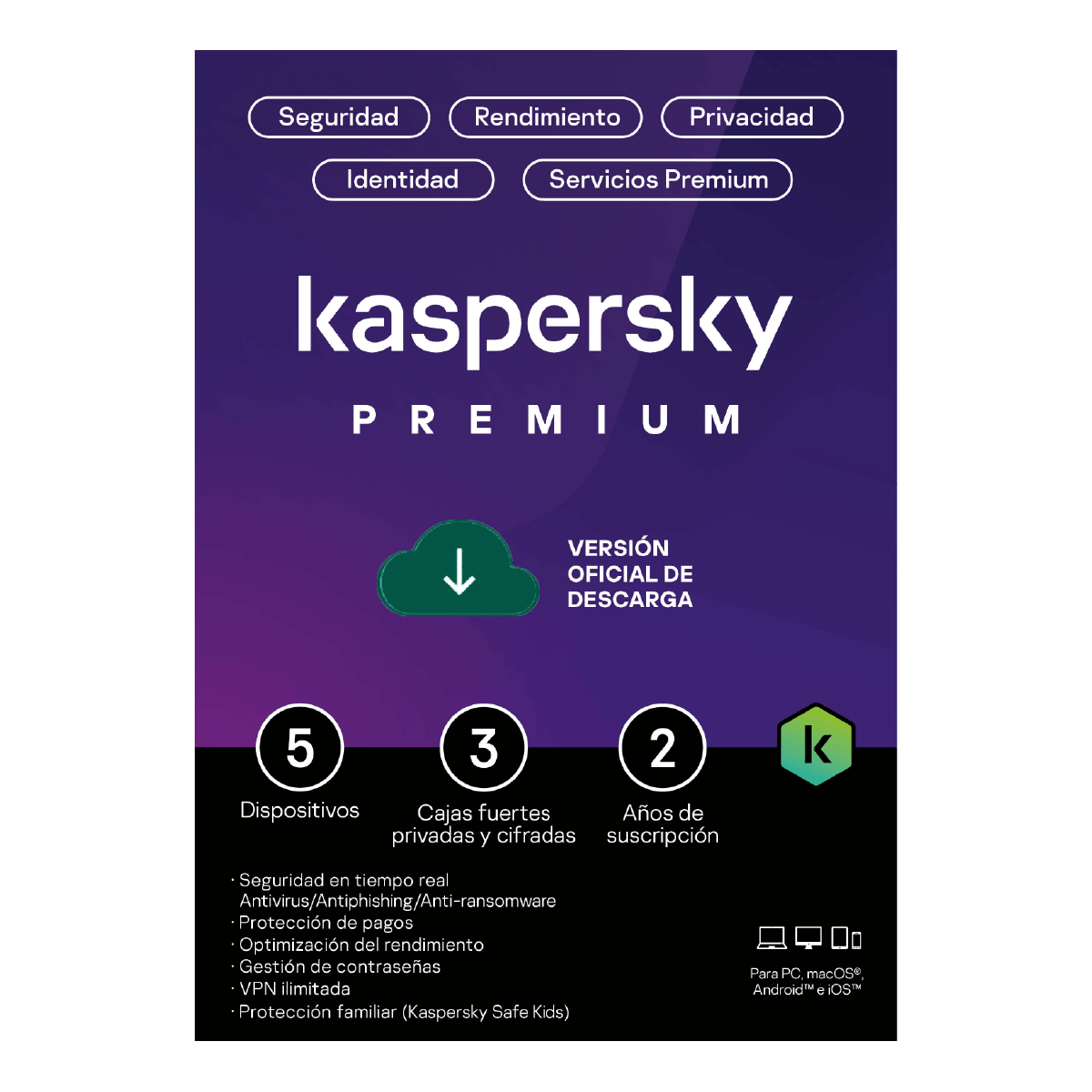 Antivirus Kaspersky Premium 5 dispositivos 2 años