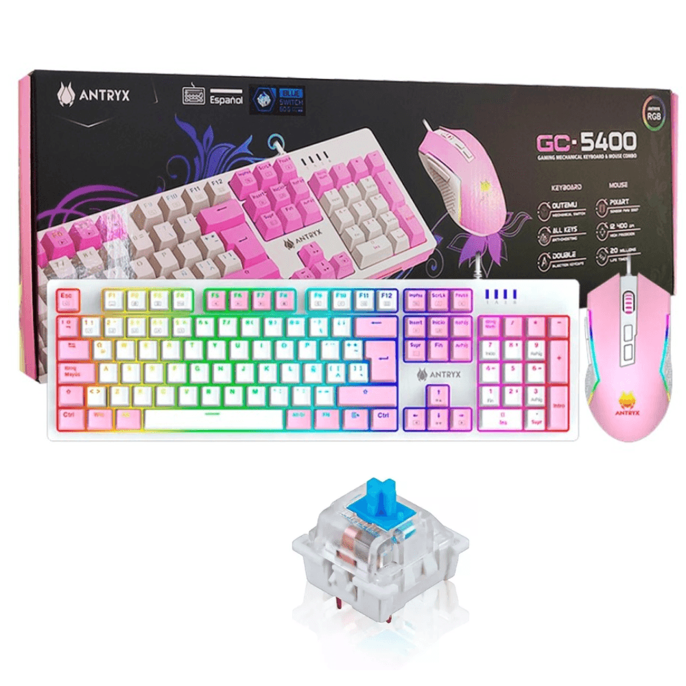 Combo Gamer Pink Teclado Mecánico Mouse Antryx Gc-5400 Switch Azul