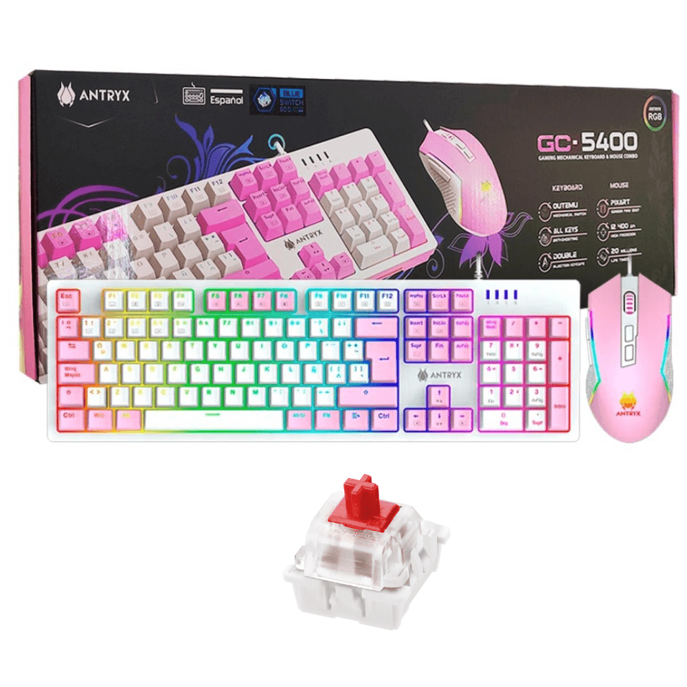Combo Gamer Pink Teclado Mecanico Mouse Antryx Gc-5400 Switch Rojo