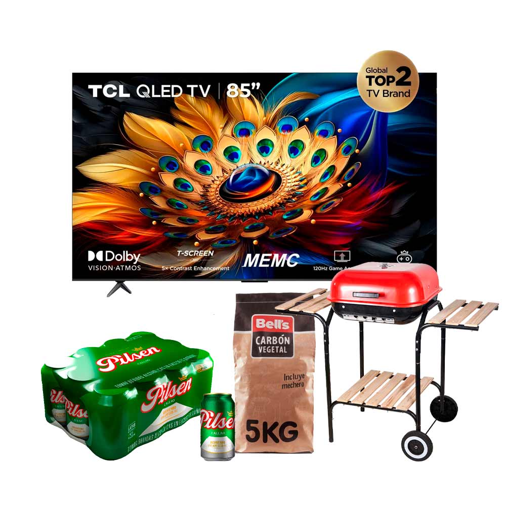 Pack TV TCL 85"" 85C655 + Parrilla BASIC LIVING + Carbón Vegetal BELL'S 5Kg + PILSEN Lata 355ml 12un