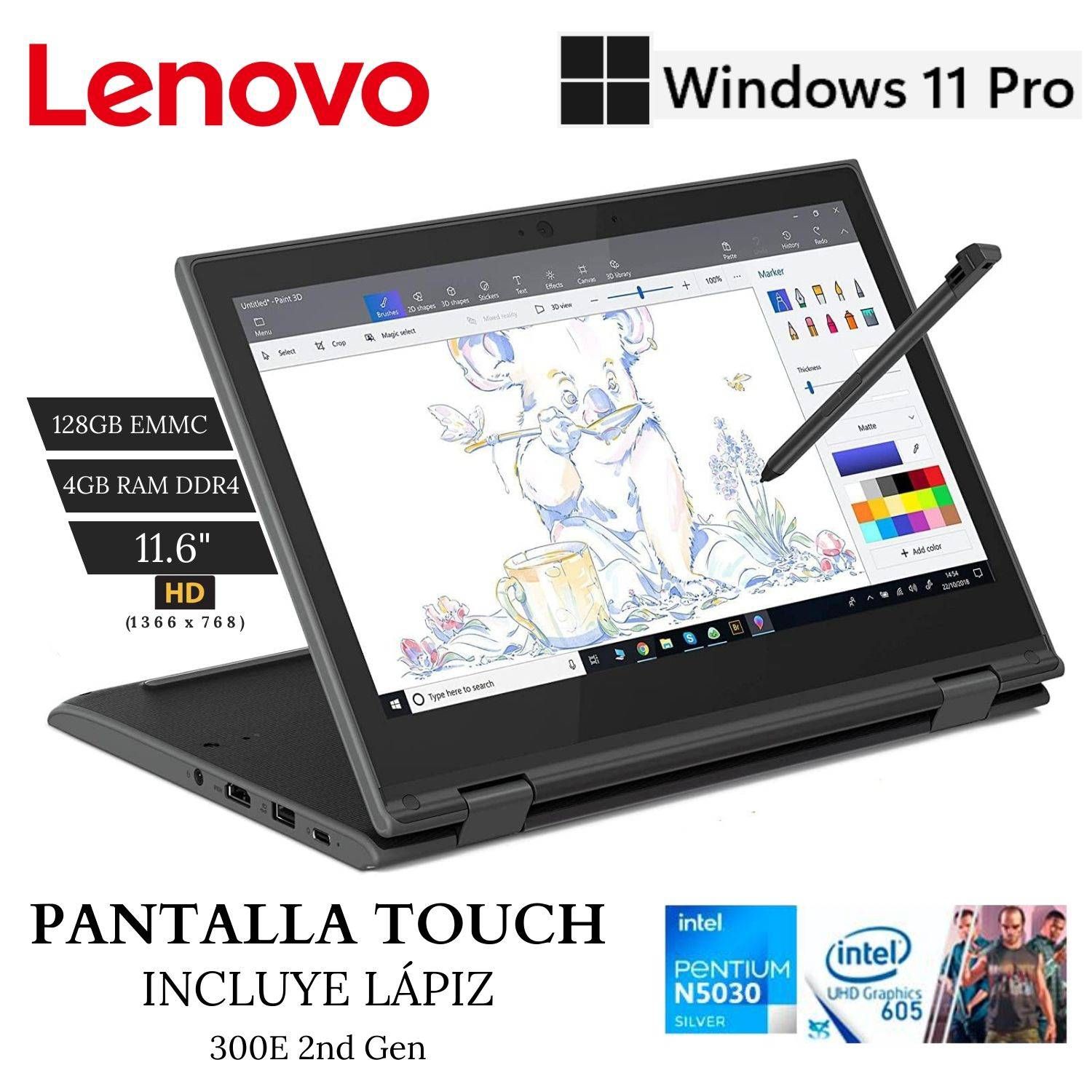 Laptop Lenovo 300e 2nd Gen 11.6"" HD 360° Touch Pentium Silver N5030 4GB DDR4 128GB EMMC W11 Pro NAO