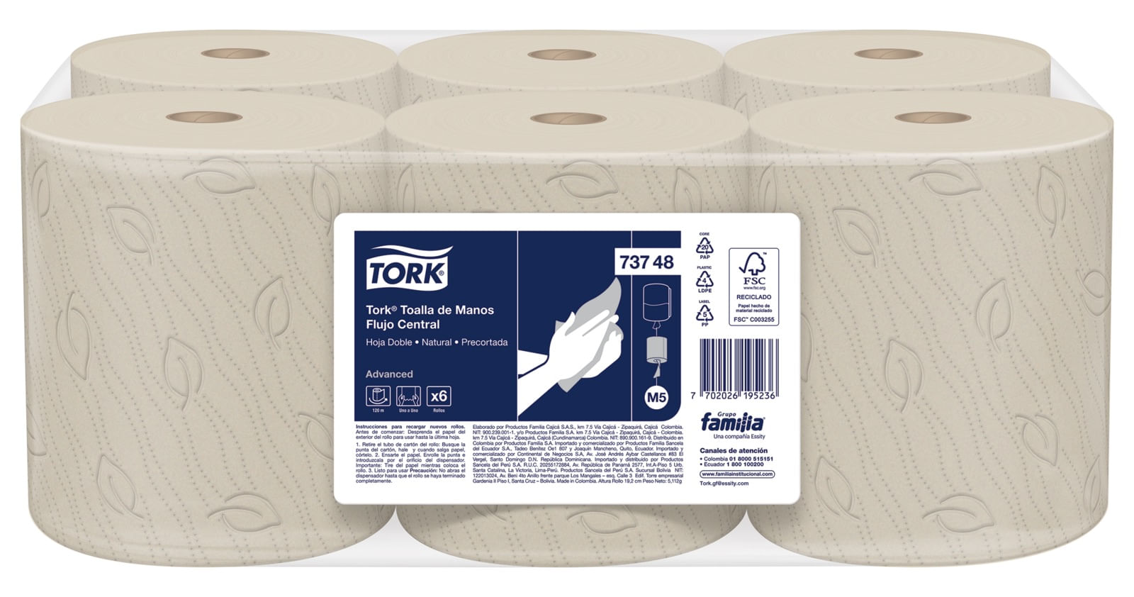 Papel Toalla Rollo Hoja Doble Tork Natural 6x120m