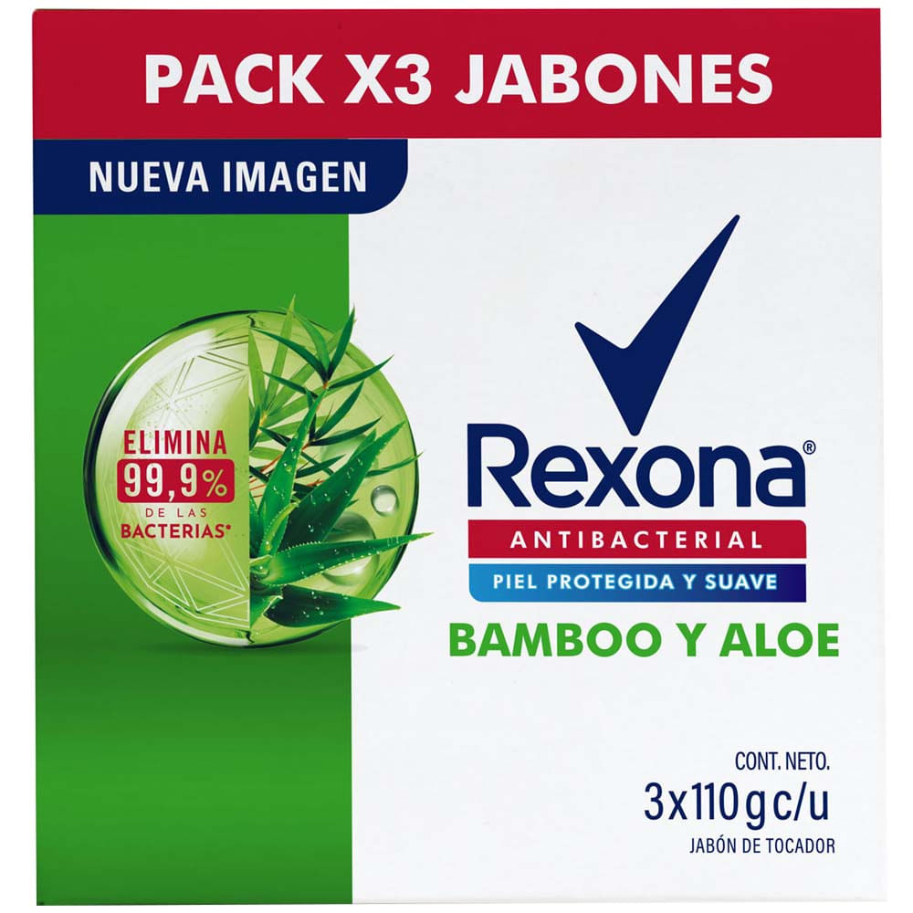 Jabón Tocador REXONA Antibacterial Bamboo y Aloe Paquete 3un