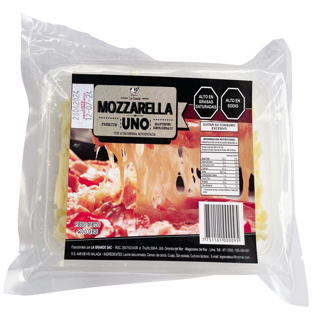 Queso Mozzarella Rallada Hebras UNO Paquete 200g