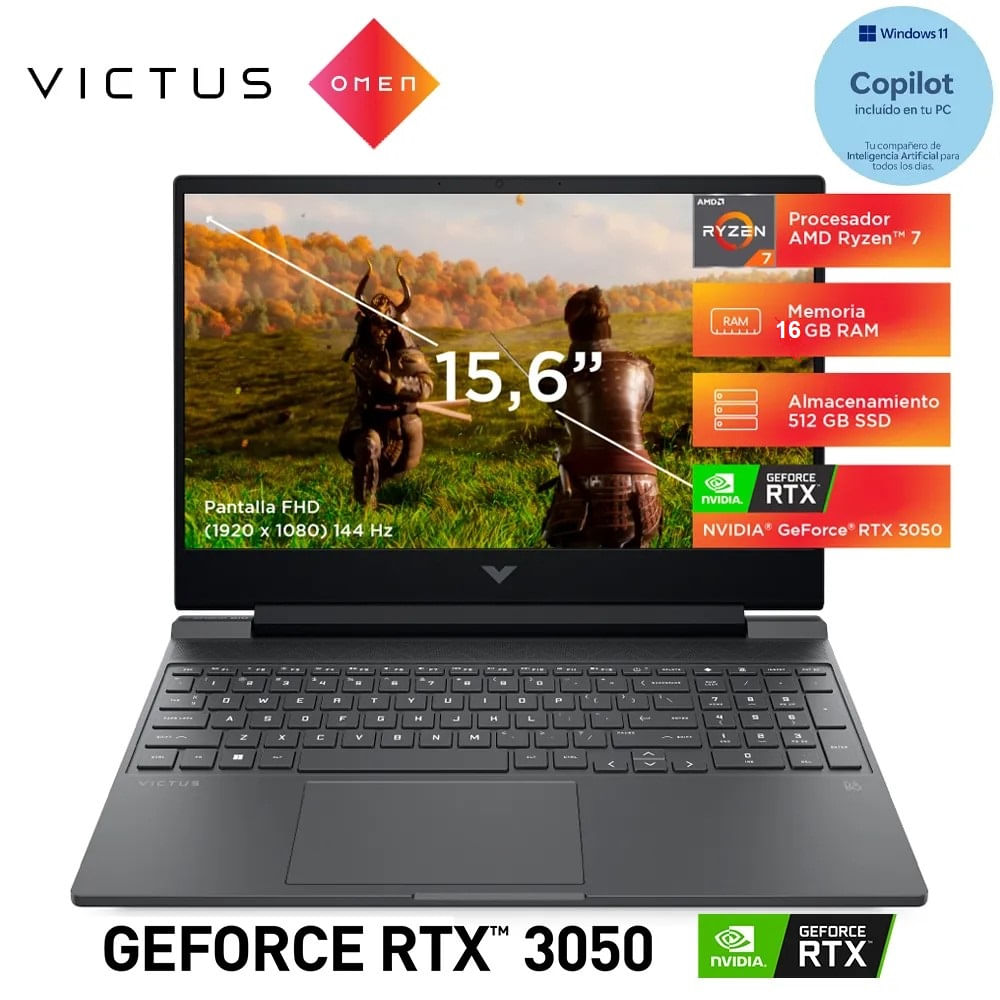 Laptop HP 15-fb0125la R7 5800H 16gb 512gb 4G RTX 3050 15.6 Fhd 144HZ Window 11 Negro