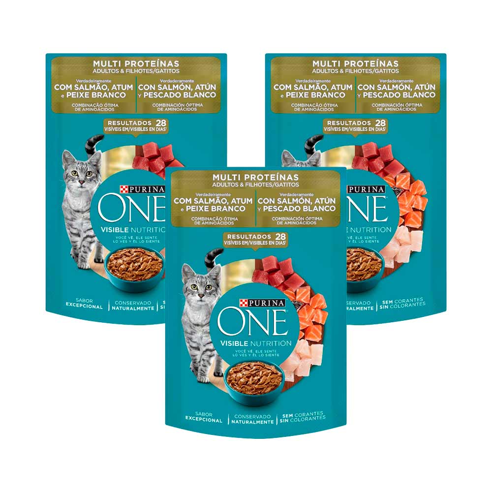 Pack Alimento Húmedo para Gatos PURINA One Adultos y Gatitos Multiproteína de 85g x 3un