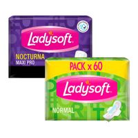 Pack Toallas Higiénicas LADYSOFT Nocturna Maxi Pro Paquete 10un + Toalla Higiénica LADYSOFT Normal Paquete 60un